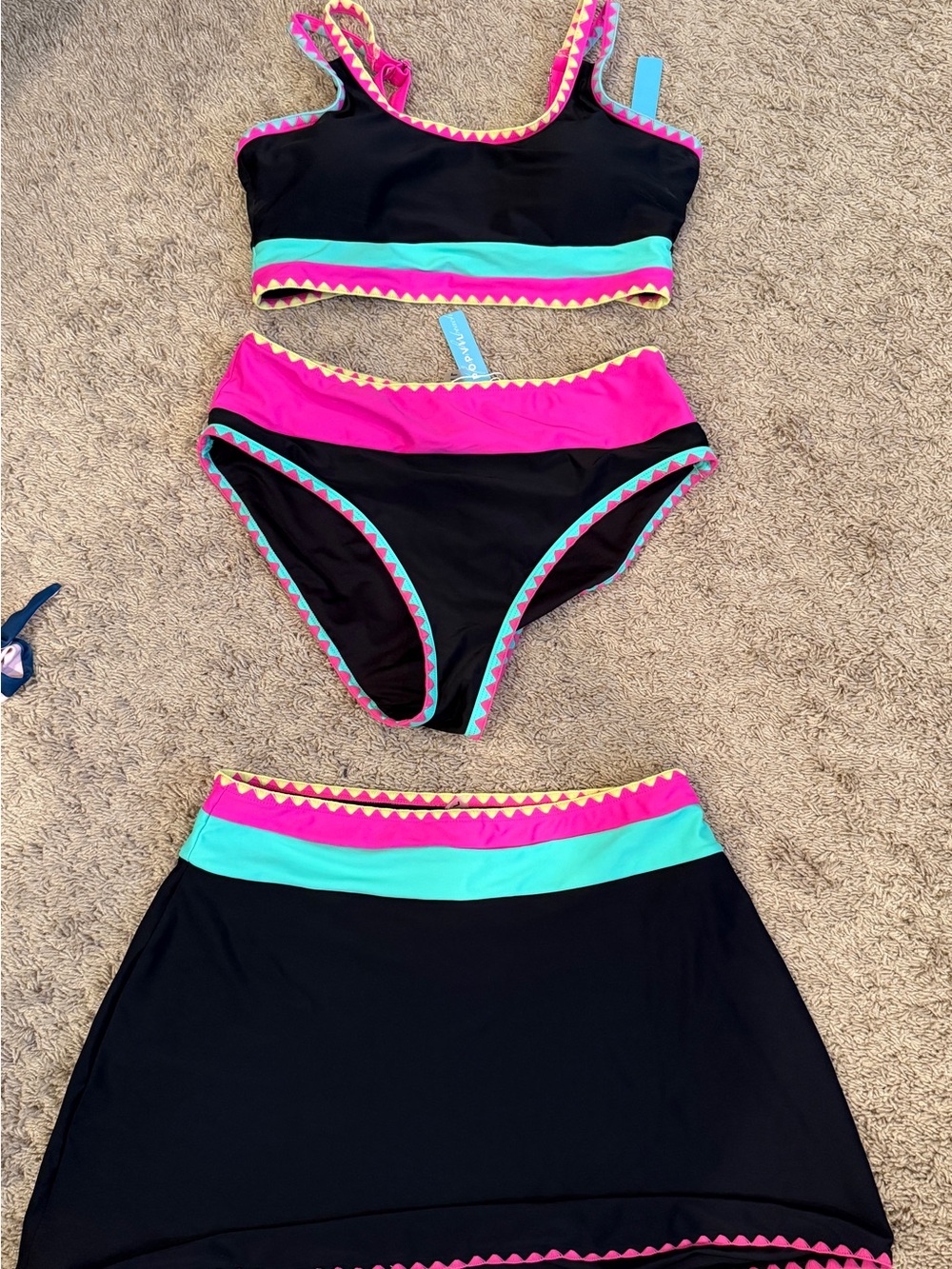 Women's Black Three-Piece Swim Set with Pink and Aqua Trim - Picture 1 of 1